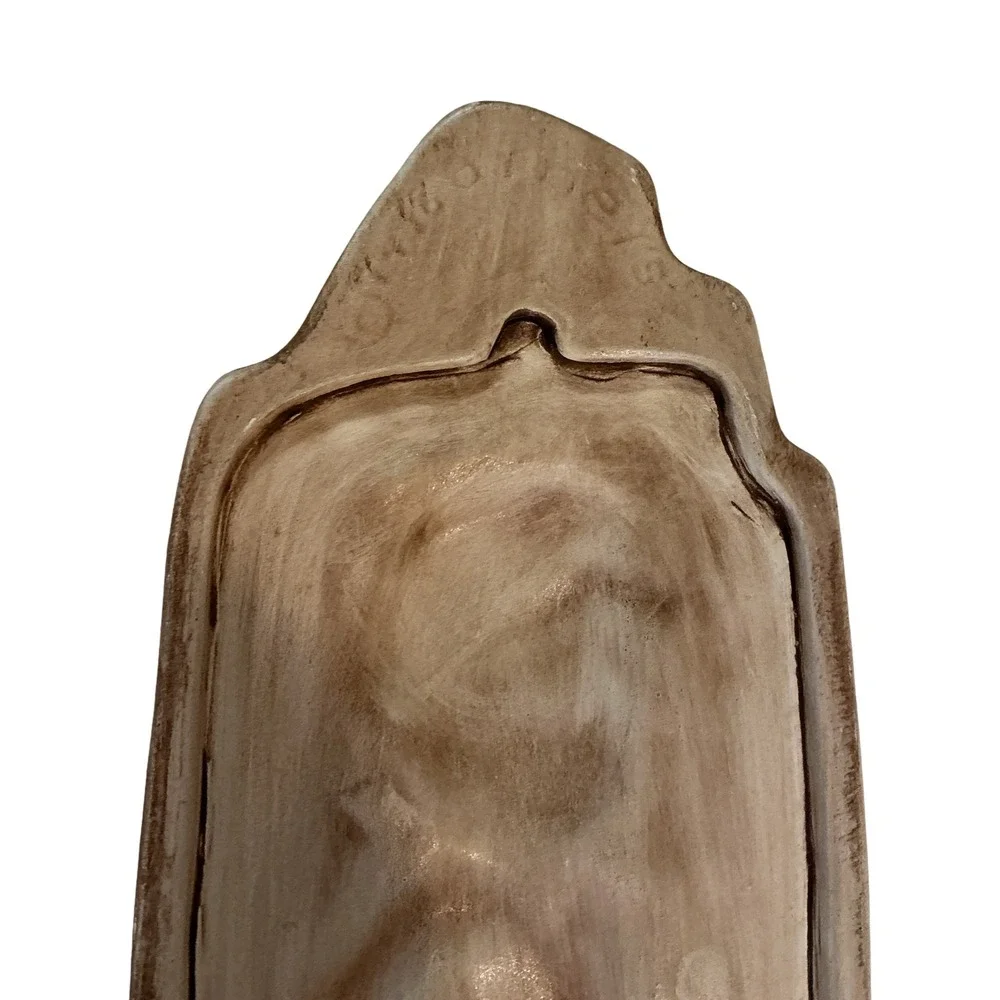 Vintage Ceramic Fishing Boy Wall Plaque 12 Inch Faux Wood Grain 3D Relief Decor